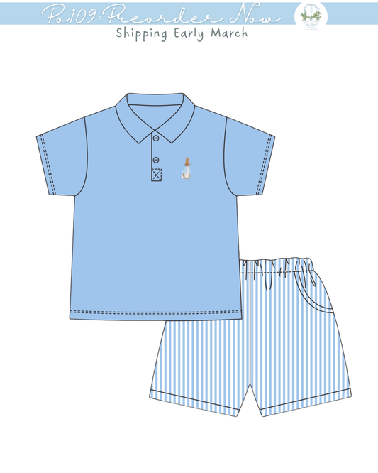 PO109: Seersucker Bunny Polo Short Set