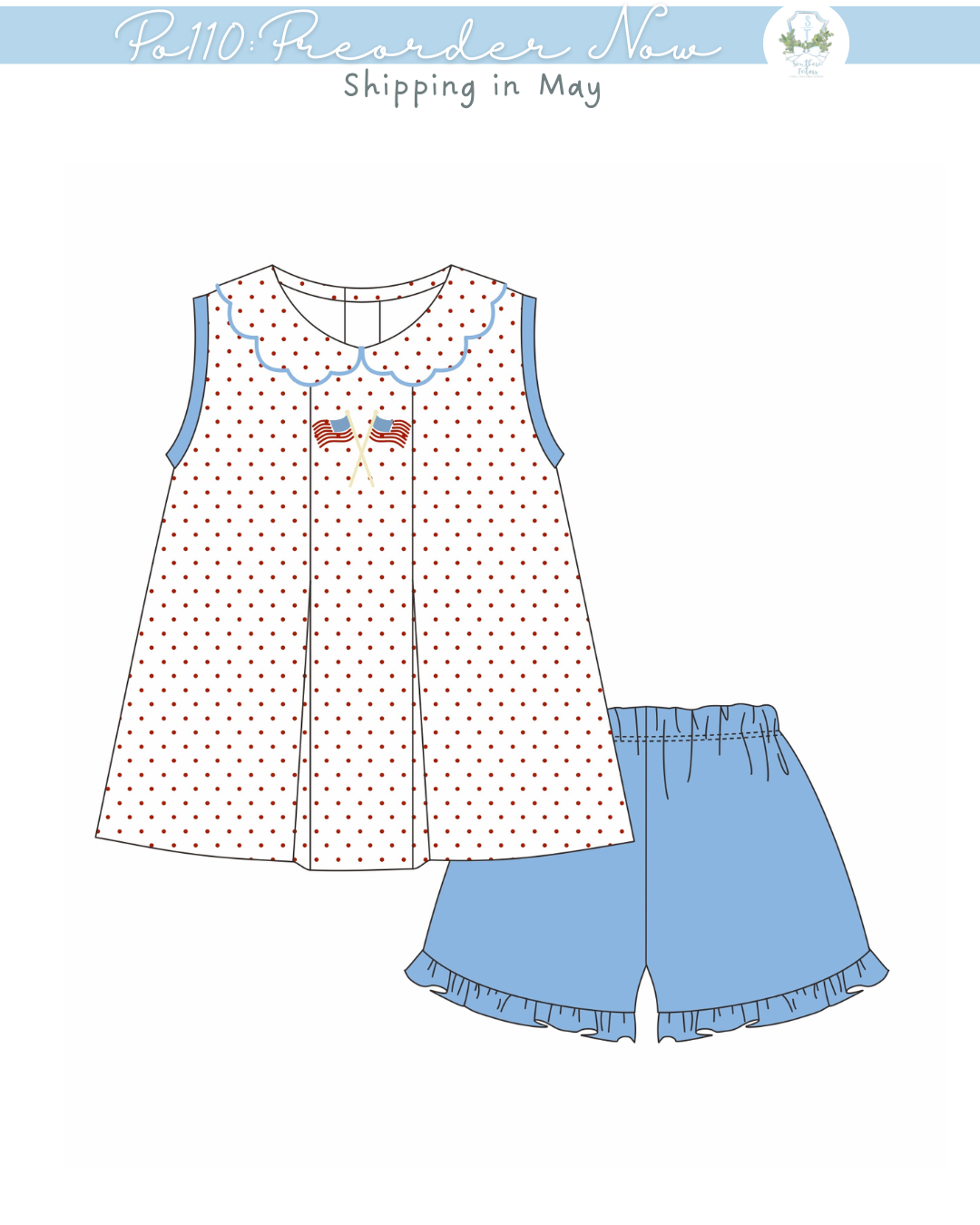 PO110: American Hand Stitch Flag Girl Short Set
