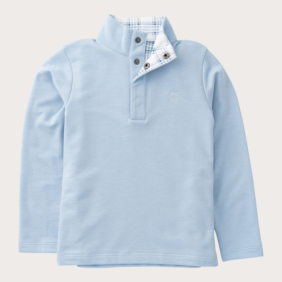 Boys' Sporty Snap Pullover in Cashmere Blue with Plaid Liner