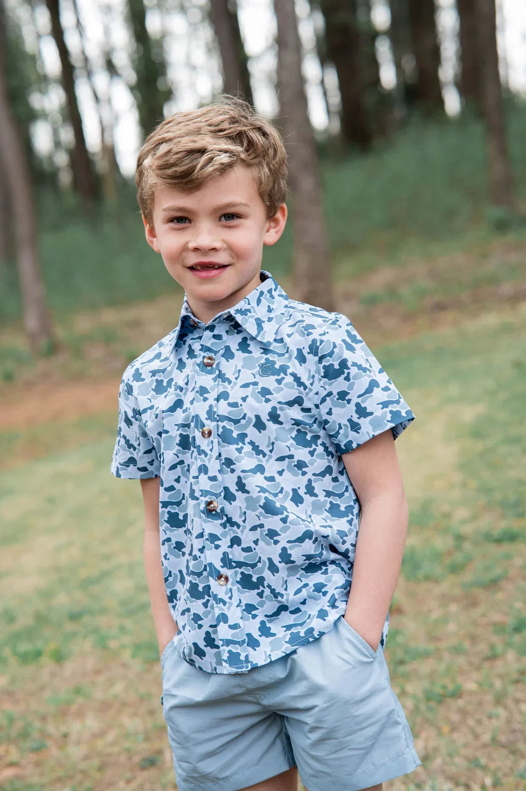 Boys' Short Sleeve Button Down Shirt in Cool Blues Break Point Camo
