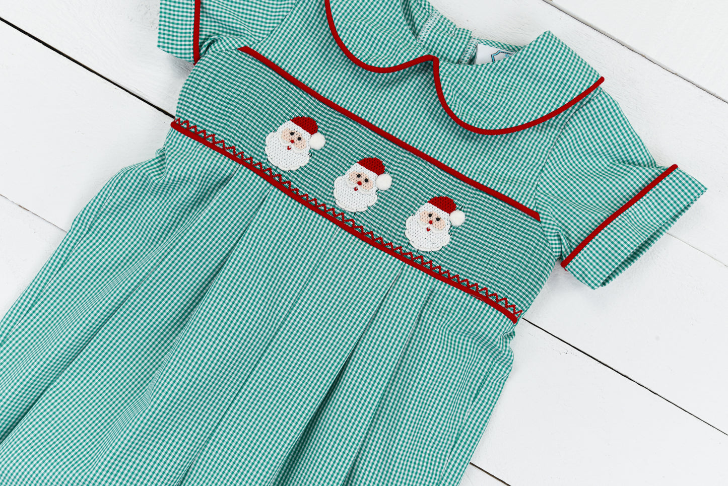 Green Gingham Smocked Santa Boy Romper