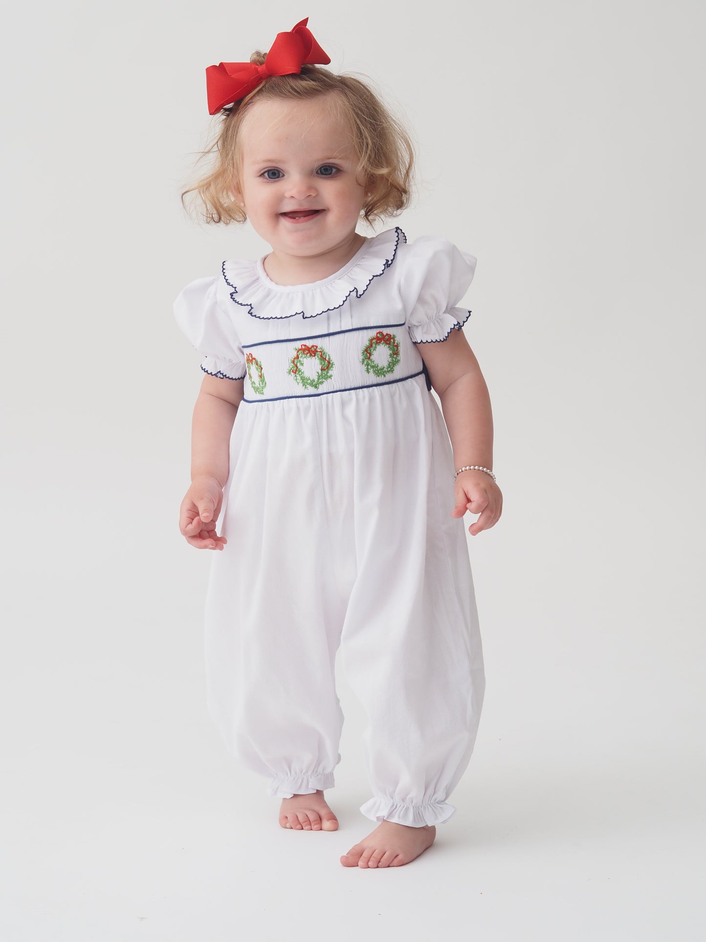 Smocked Wreath Girls Long Romper