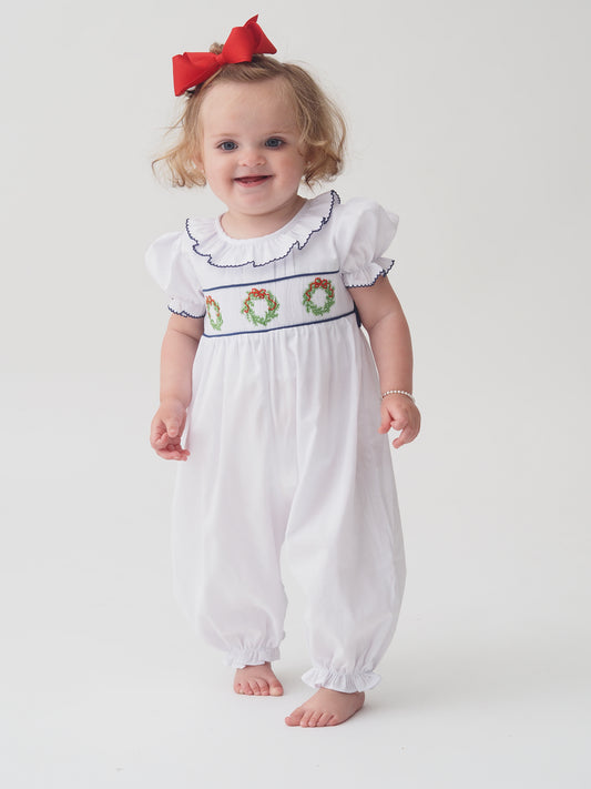 Smocked Wreath Girls Long Romper