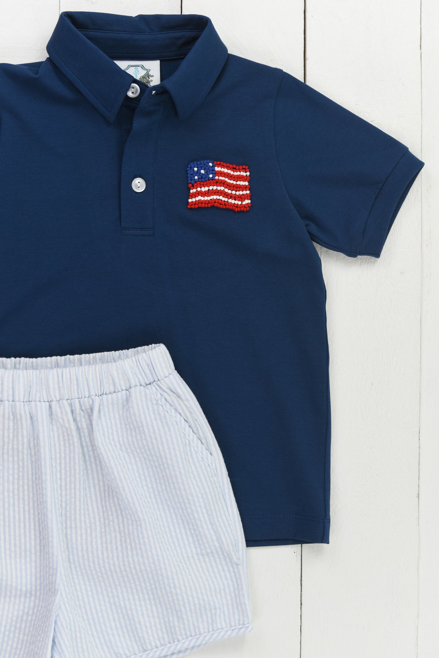 Blue Seersucker Flag Polo Short Set