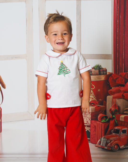 Red Corduroy Christmas Tree Pant Set