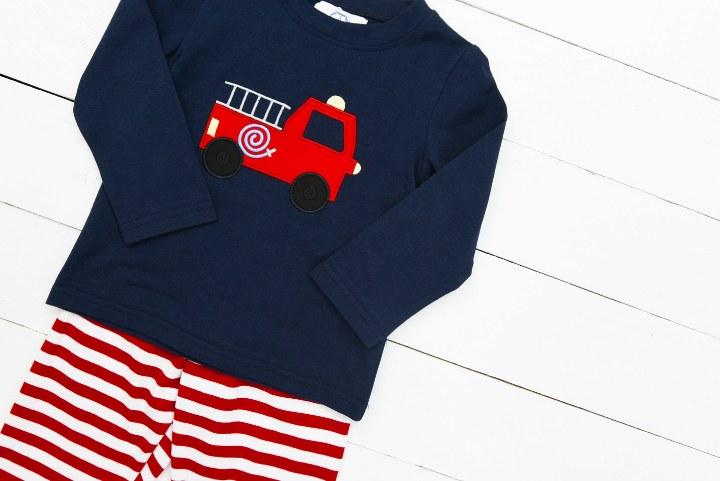 Navy Firetruck Applique Pants Set