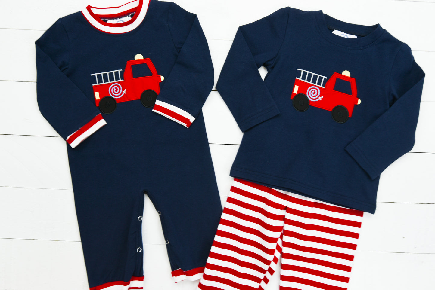 Navy Firetruck Applique Pants Set