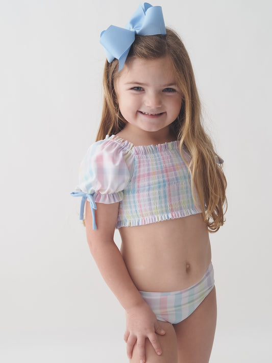 Pastel Plaid Girls Two Piece Ruffle Swimsuit