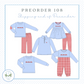 The image is a collection of five different clothing items, including a long-sleeved shirt, a dress, a pair of pants, a sweater, and a pair of pajamas, all featuring a red and white pattern. The text "PREORDER 108 Shipping end of December" is displayed above the clothing items, indicating that these items are part of a preorder order for December shipping.