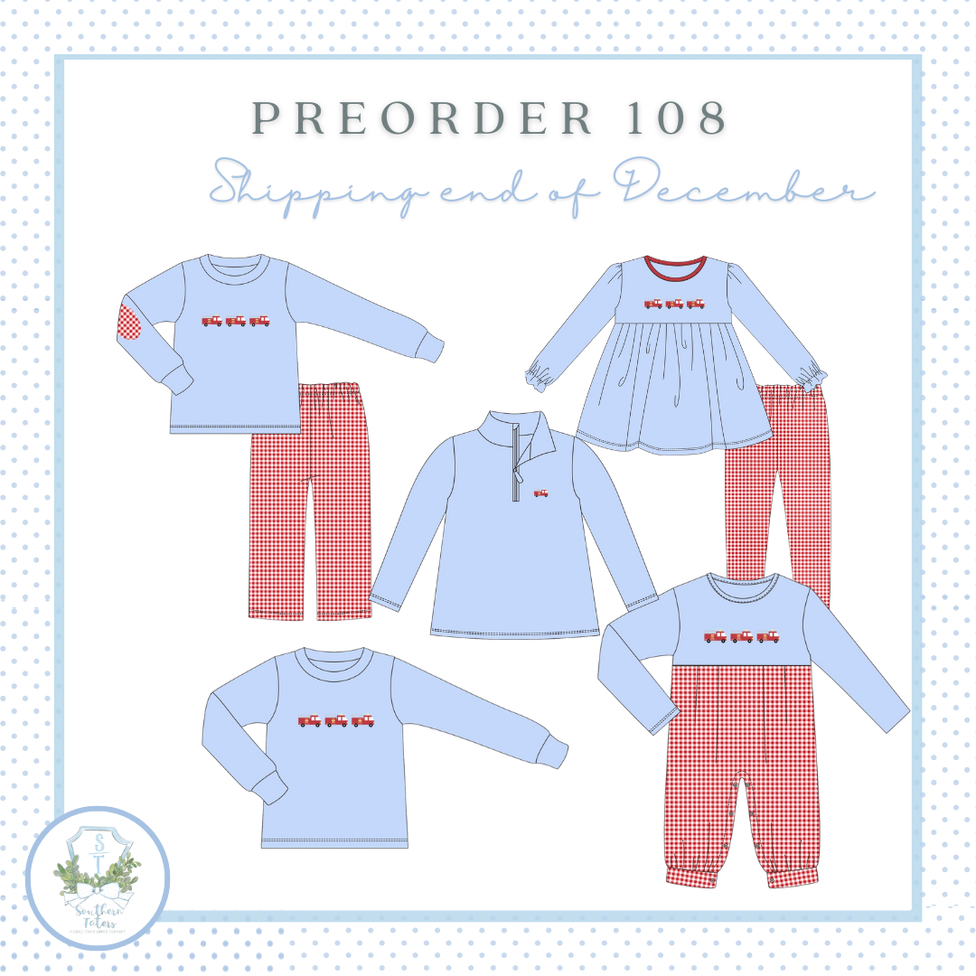 The image is a collection of five different clothing items, including a long-sleeved shirt, a dress, a pair of pants, a sweater, and a pair of pajamas, all featuring a red and white pattern. The text "PREORDER 108 Shipping end of December" is displayed above the clothing items, indicating that these items are part of a preorder order for December shipping.