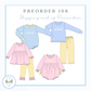 The image is a collage of four different children's clothing items, including a blue sweater, a pink dress, yellow pants, and a pink dress with a duck design. The text "PREORDER 108 Shipping end of December" is displayed above the clothing items, indicating that these items are part of a preorder order for December shipping.