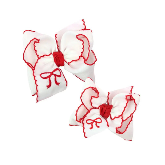 5.5 Embroidered Red Bow on White grossgrain