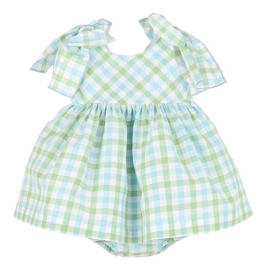 GREEN AND BLUE PASTEL PLAID BOW DRESS