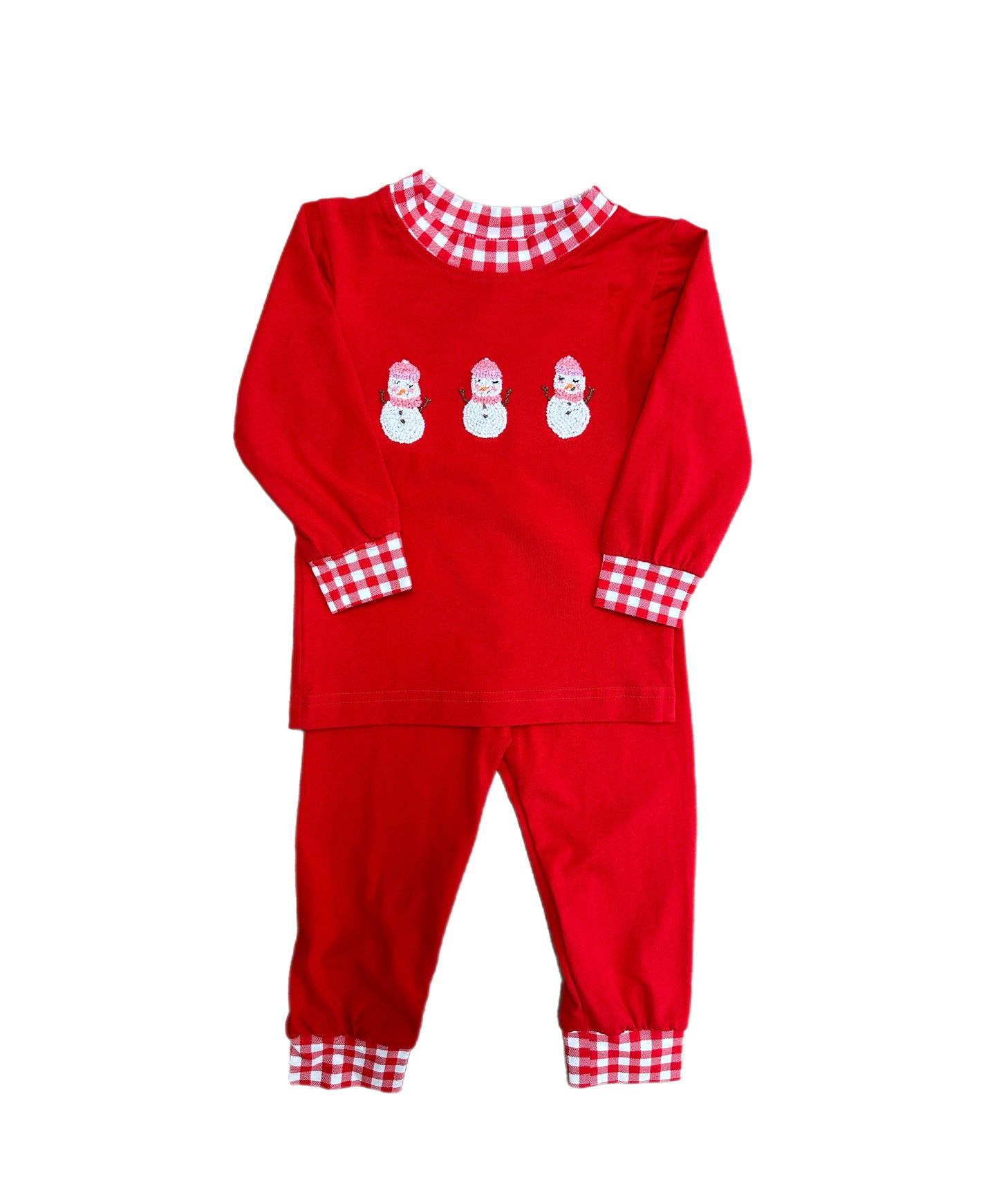 po68: French knot snowmen red gingham 2pc set