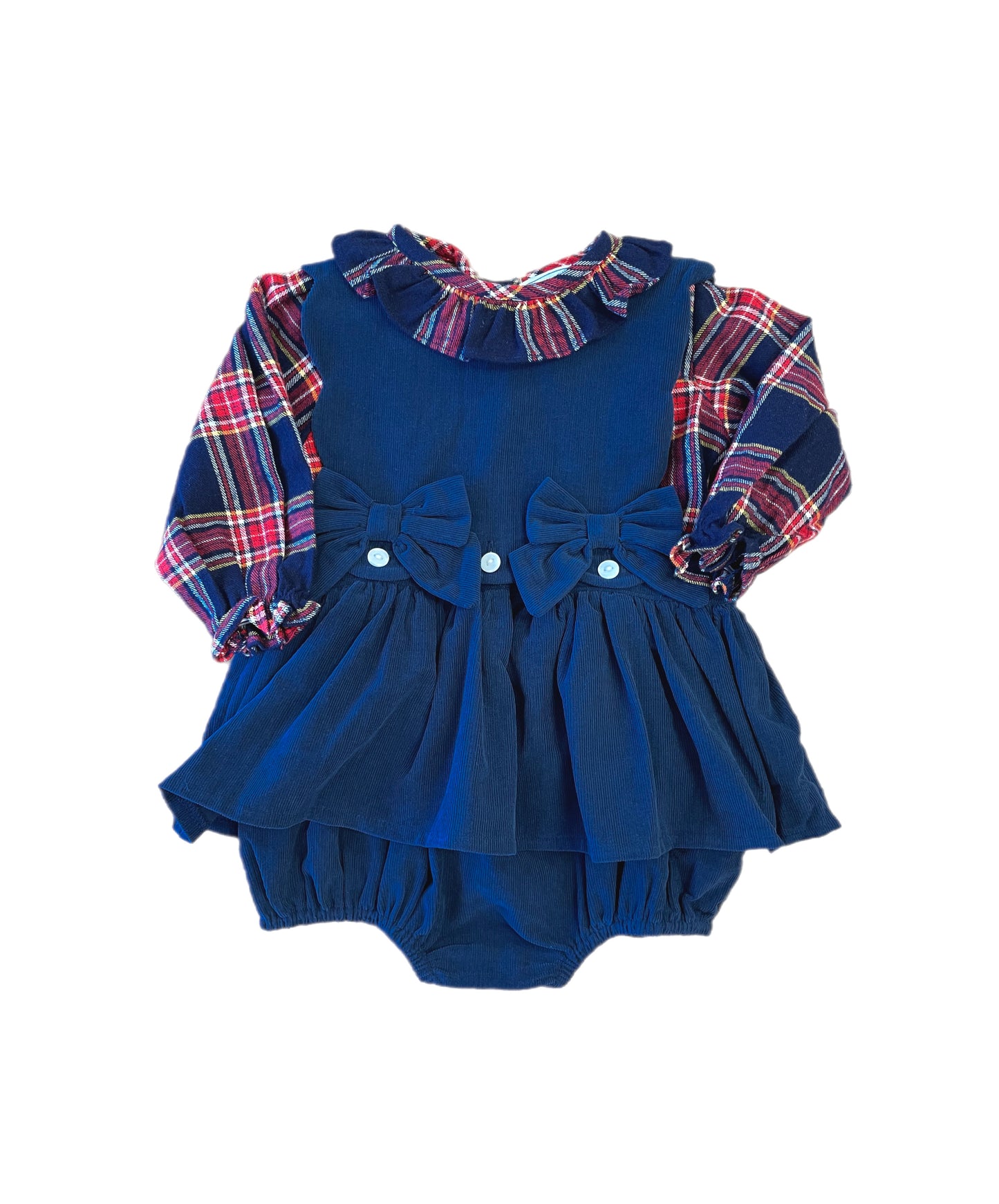 Navy Cord & Tartan plaid girls bubble set