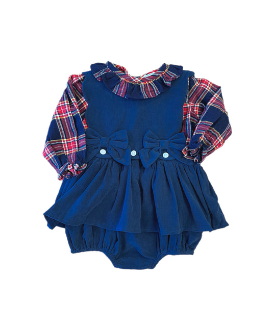 Navy Cord & Tartan plaid girls bubble set