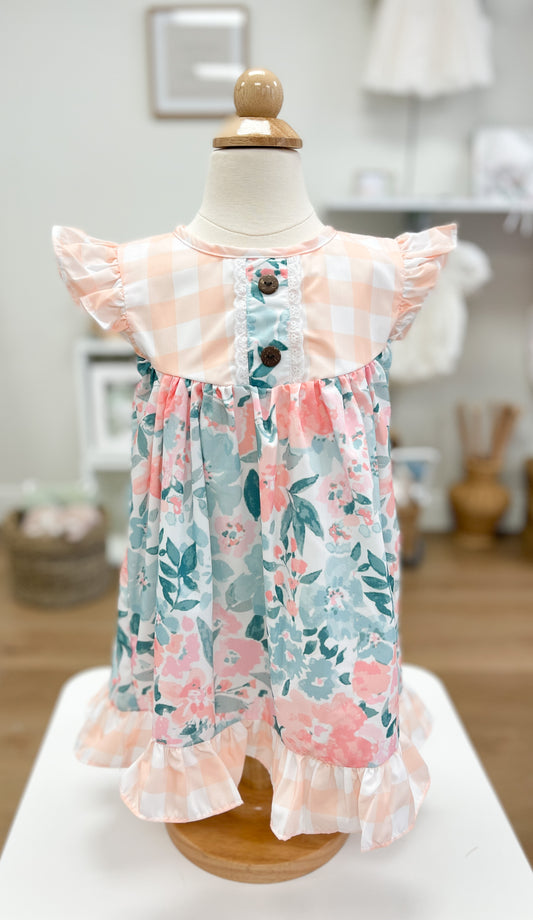 Peach gingham & Floral Dress