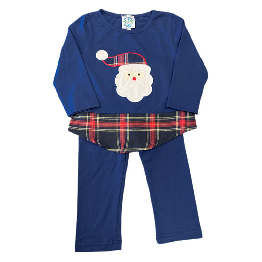 Santa tartain Applique Navy and Plaid Girls tunic set