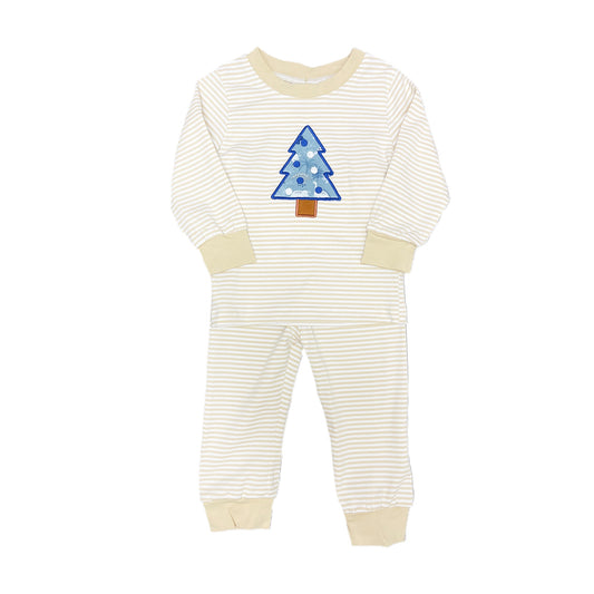 PO55: Tan Striped with Dino Tree Applique Pajama Set