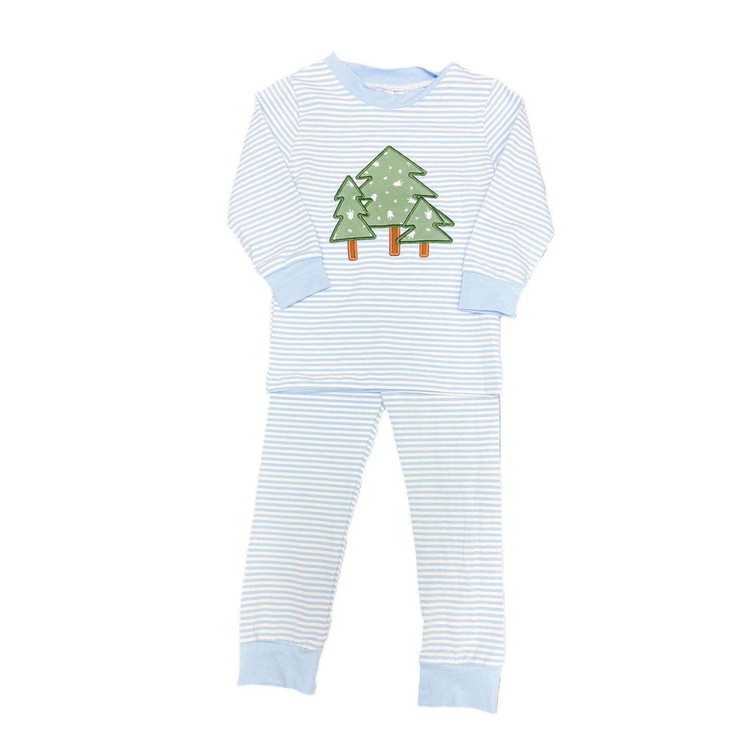 PO55: Blue Stripe Christmas Tree Applique Pajama Set