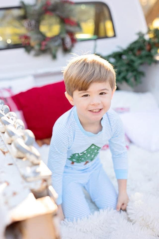 PO55: Blue Stripe Christmas Tree Applique Pajama Set