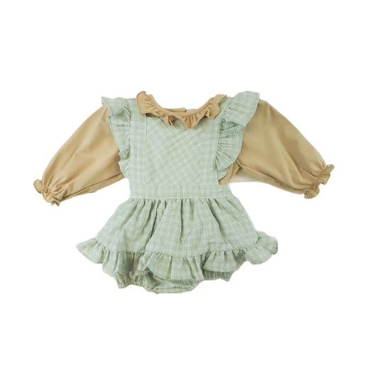 Neutral and light mint Plaid girls pinafore set