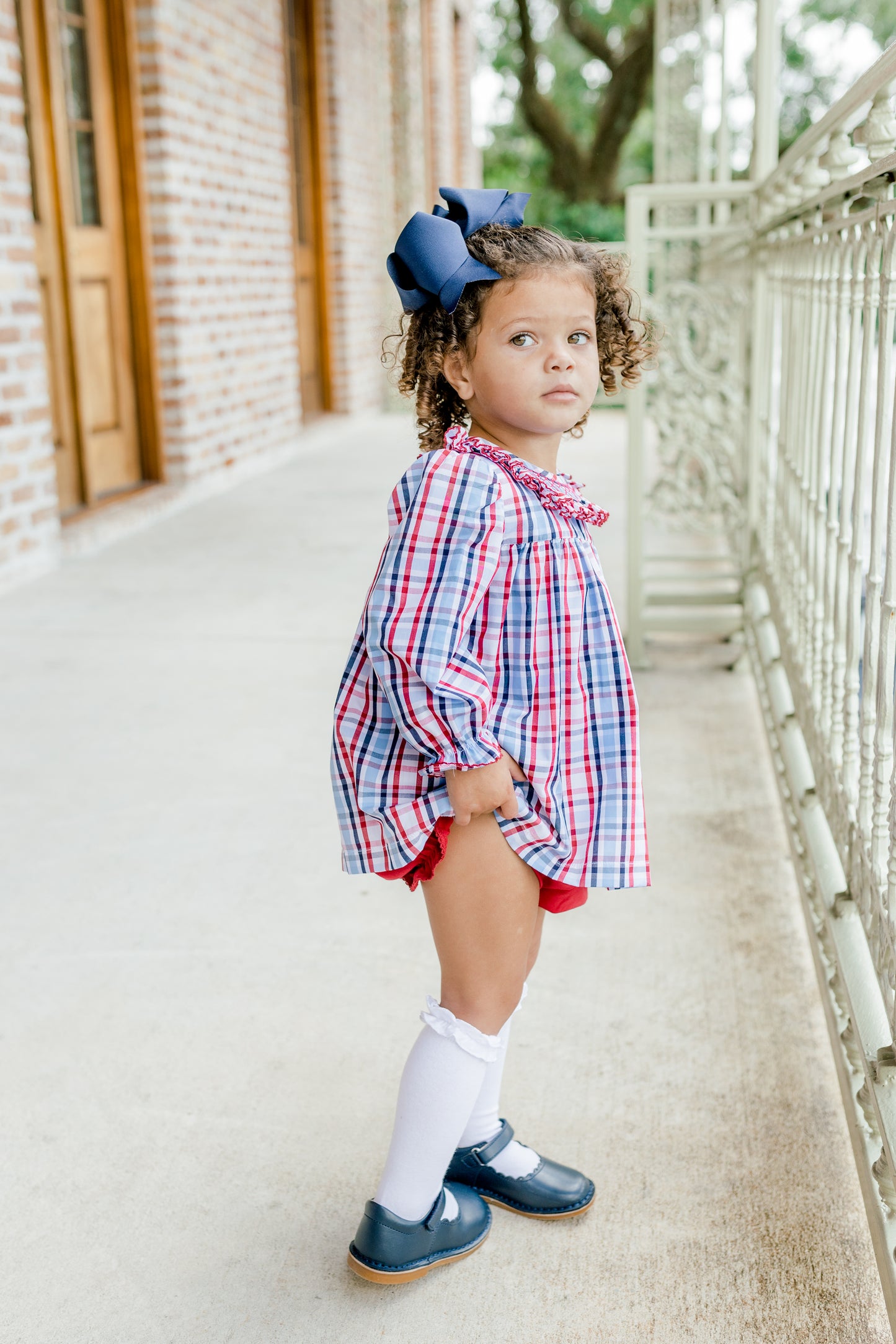 Red and Navy Plaid Simple Smocked Bubble short set