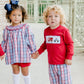 Red and Navy Plaid Simple Smocked Bubble short set
