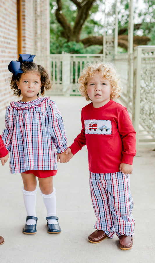 Red and Navy Plaid Simple Smocked Bubble short set