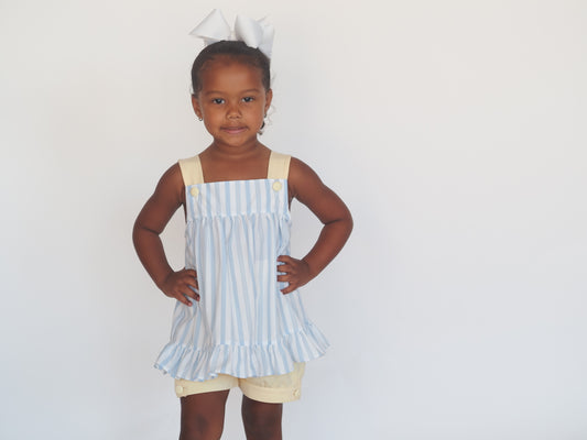 Yellow and Blue Stripe Girl Banded Short Set