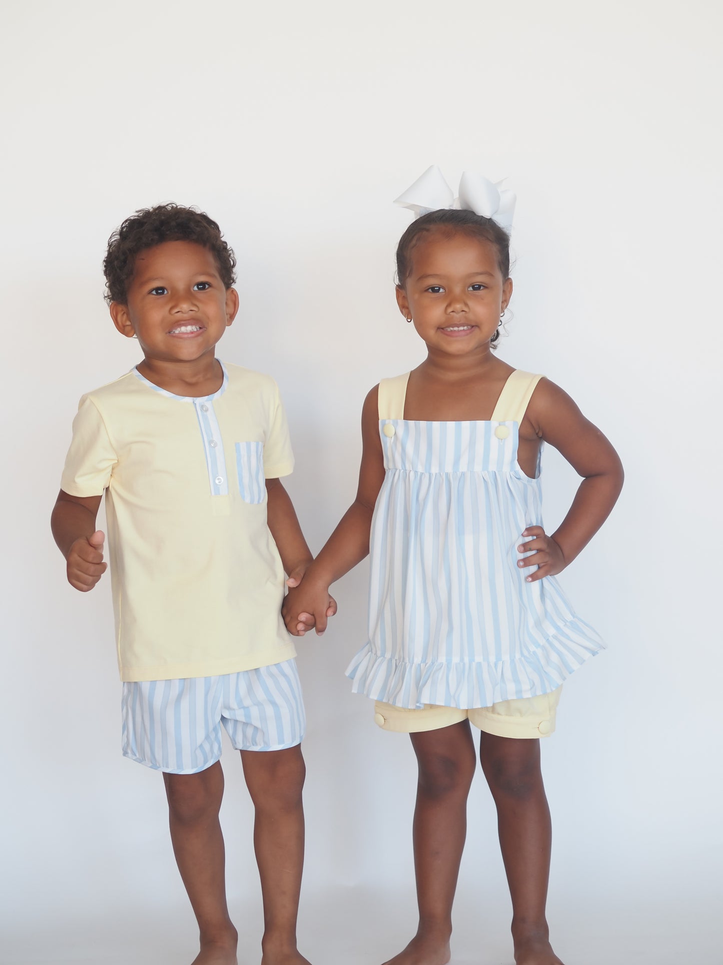 Yellow and Blue Stripe Girl Banded Short Set