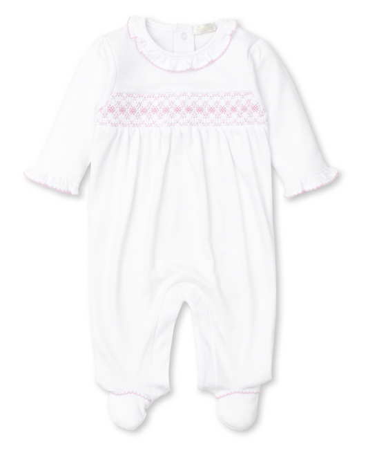 Kissy Kissy white w/light pink footie with hand smock
