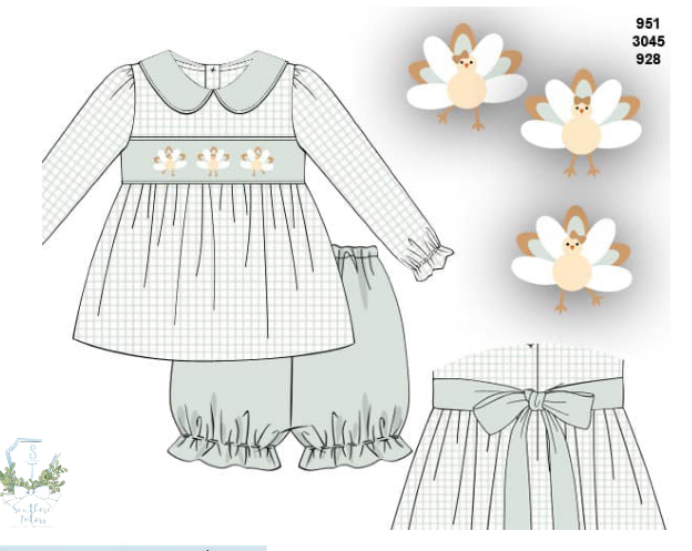 Sage Smocked Windowpane Turkey Girl Bubble Short Set